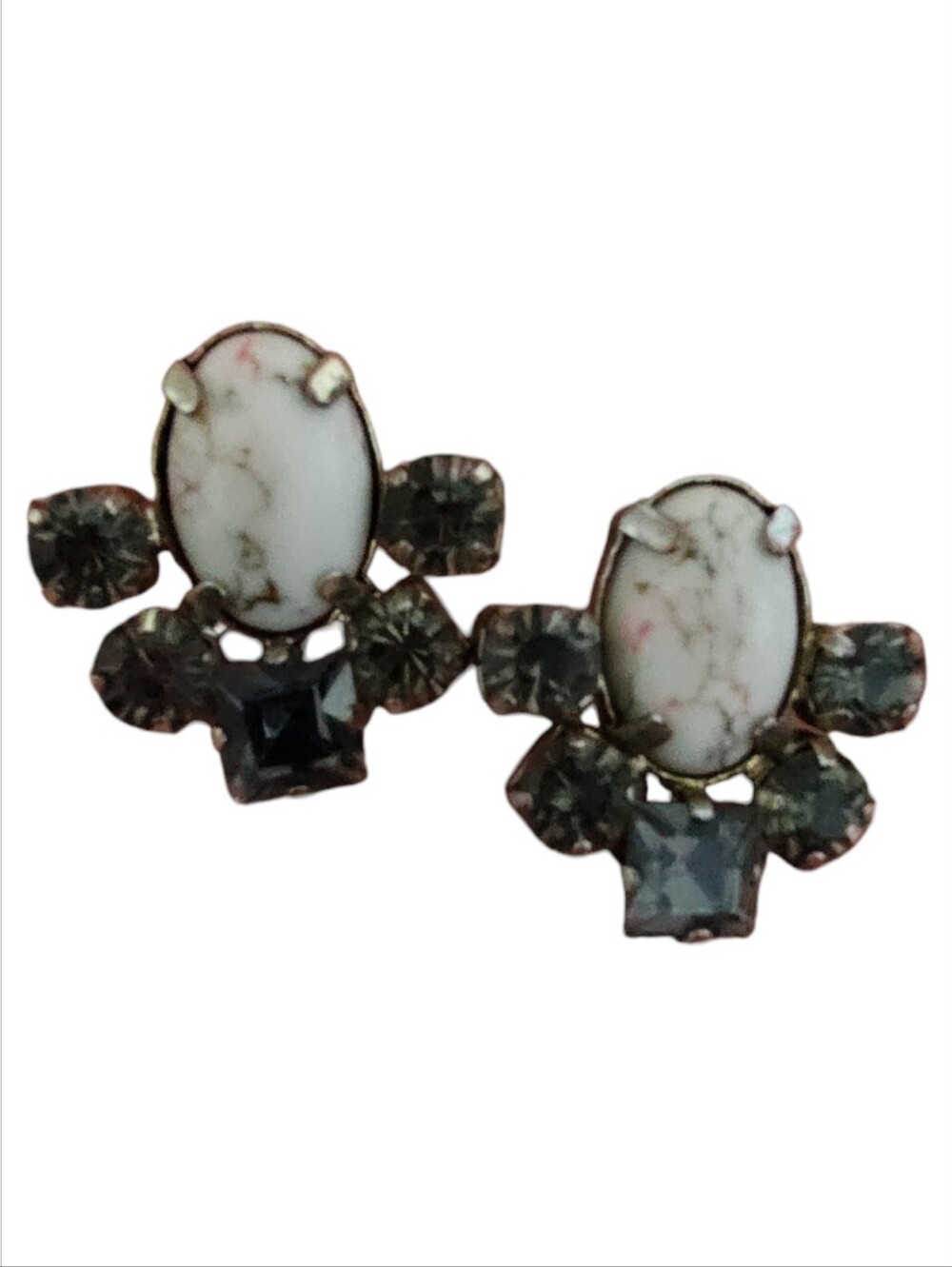 Vintage Faux Milk Glass & Smokey Quartz Rhinestone Cluster Stud Post Earrings